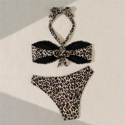 Halter Bandeau Leopard Print Bikinis Sets Woman Metal Ring Swimwear Hollow Out Sexy Swimsuit 2025 Bathing Suit Bikinis De Mujer - Empire P.E