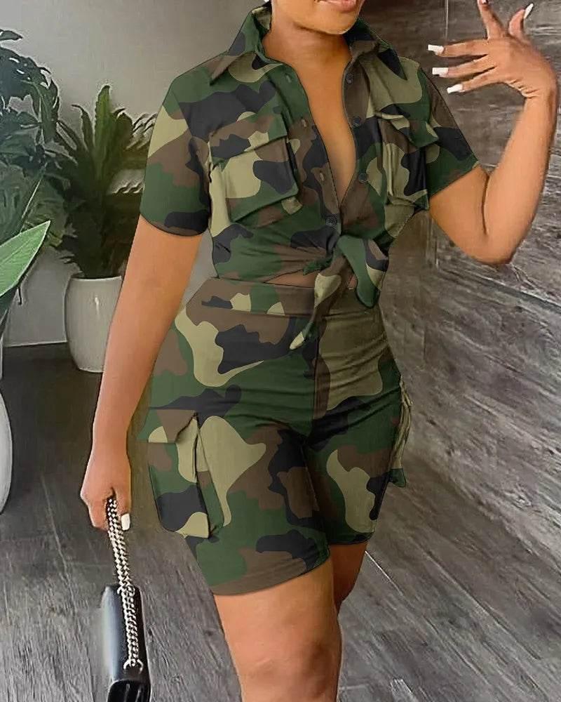 Pant Sets Women Printed Short Sleeved Shirt, 2-piece Suit With Pockets, Shoelace Top, Shorts, Thin Handbag, Summer - Empire P.E