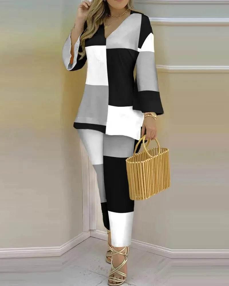 Women Print V Neck Tops Pant Sets Full Sleeve Pullover Two Piece Suit Elastic Waist Trousers Splice Shirts Autumn Regular Fit - Empire P.E