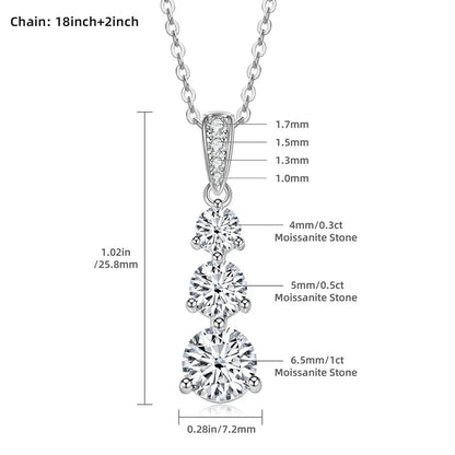 Moissanite Three stone Pendant necklace for Women 925 Sterling Silver Round Cut - Empire P.E