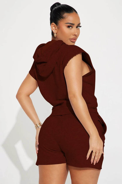 Summer 2024 Women's New Sexy Sleeveless Fashion Casual Sports Short Sleeved Hooded 3/4 Shorts Two Piece Set For Women - Empire P.E