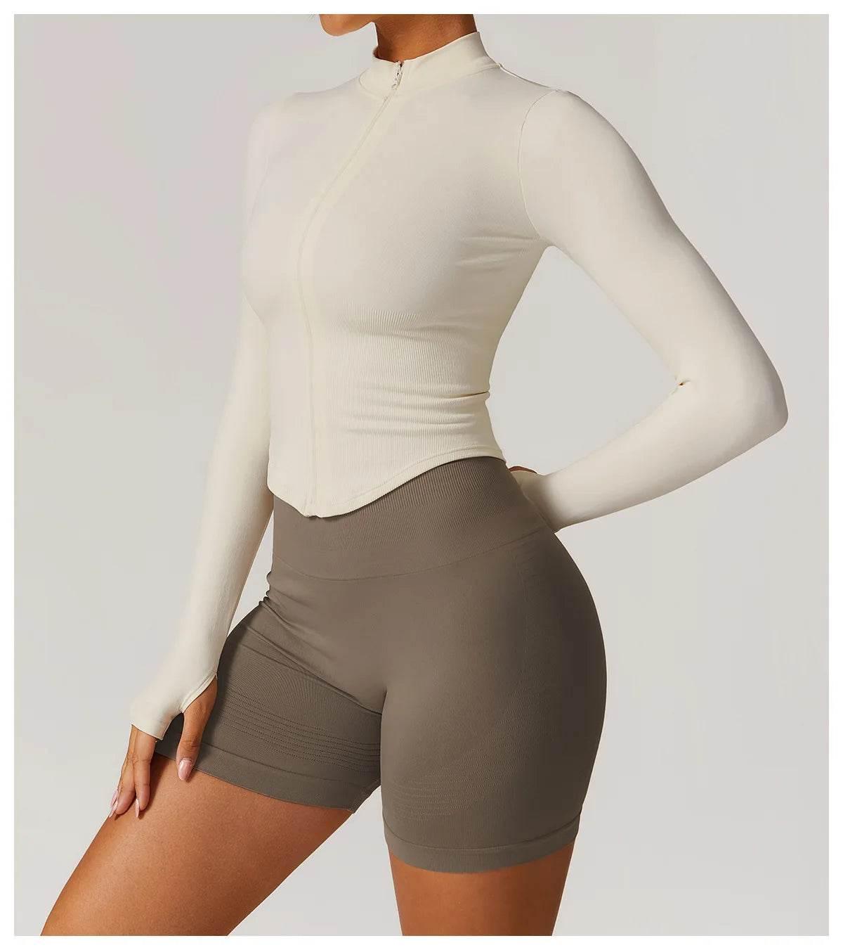 Women Seamless Zipper Jacket Yoga Long Sleeved Gym Top Ribbed Yoga Stand Collar Jacket Running Workout Sport Coat Women's Shirts - Empire P.E