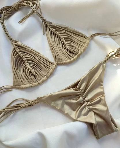 2025 New Bandage Stripe Brazilian Bikini Two Piece Set