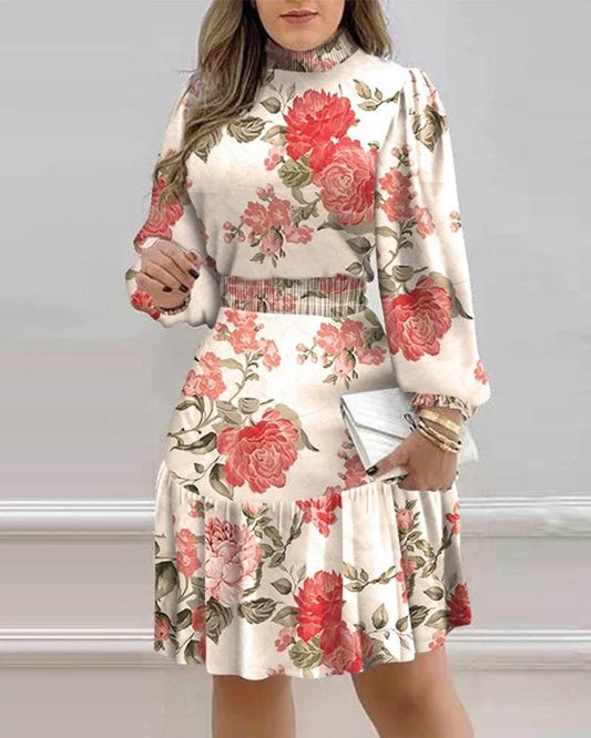 Autumn Women Floral Print Shirred Ruffle Dress 2022 Femme Casual Lantern Sleeve Robe Office Lady Dress Outfits Traf Vestid - Empire P.E
