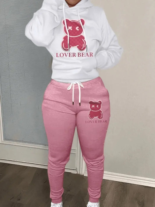 plus size cartoon bear print hooded sweater+woolen pants set