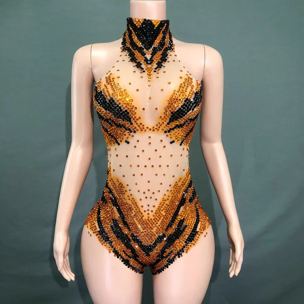 Sparkly Rhinestones Bodysuit for Women Sexy Mesh Costume - Empire P.E