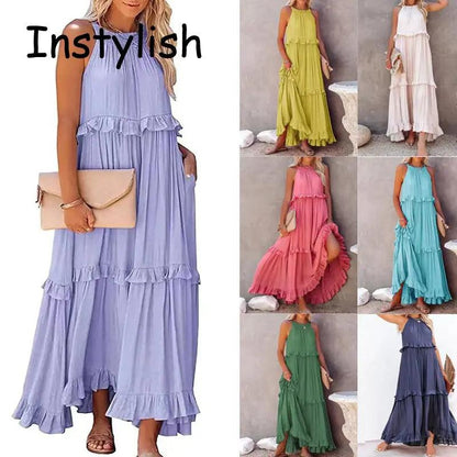Women Casual Solid Ruffles Long Dress - Empire P.E