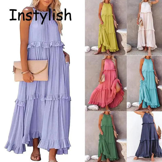 Women Casual Solid Ruffles Long Dress - Empire P.E