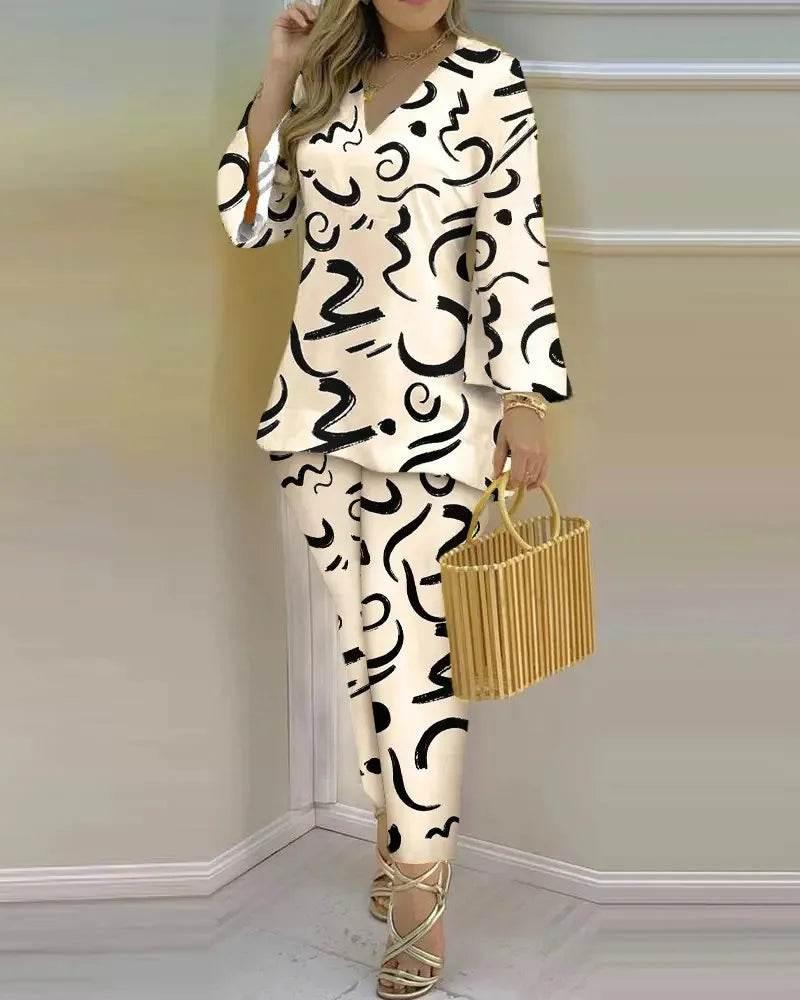 Women Print V Neck Tops Pant Sets Full Sleeve Pullover Two Piece Suit Elastic Waist Trousers Splice Shirts Autumn Regular Fit - Empire P.E