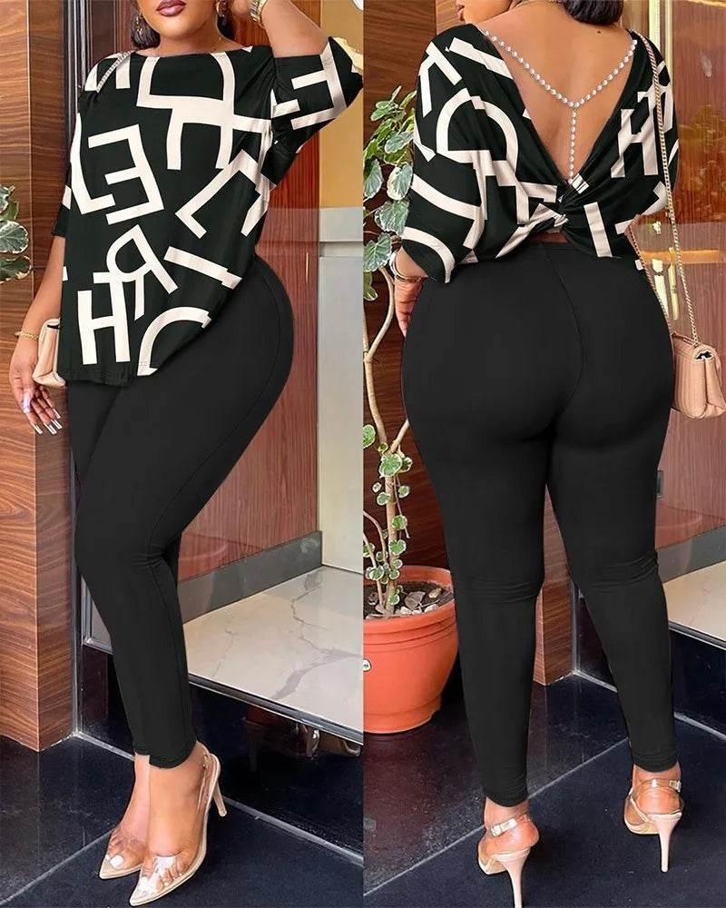 Autumn Women's New Fashion Printed Suit Round Neck Sexy Backless Quarter-sleeved Trousers Casual And Comfortable Two-piece Set - Empire P.E