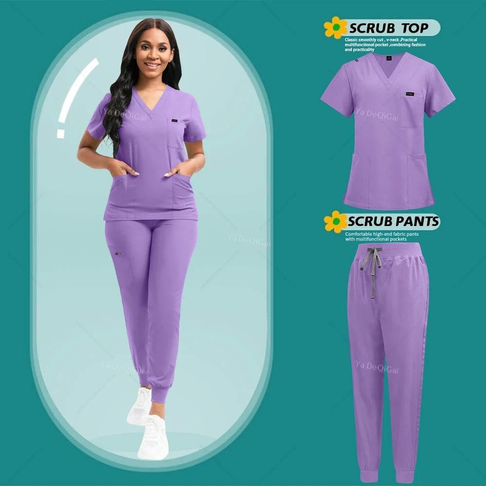 Stretch Scrubs Women Set Nursing Uniforms Clinical Scrubs Set Nurse Doctor Dustproof Workwear Medical Scrubs Top+ Jogger Pants - Empire P.E