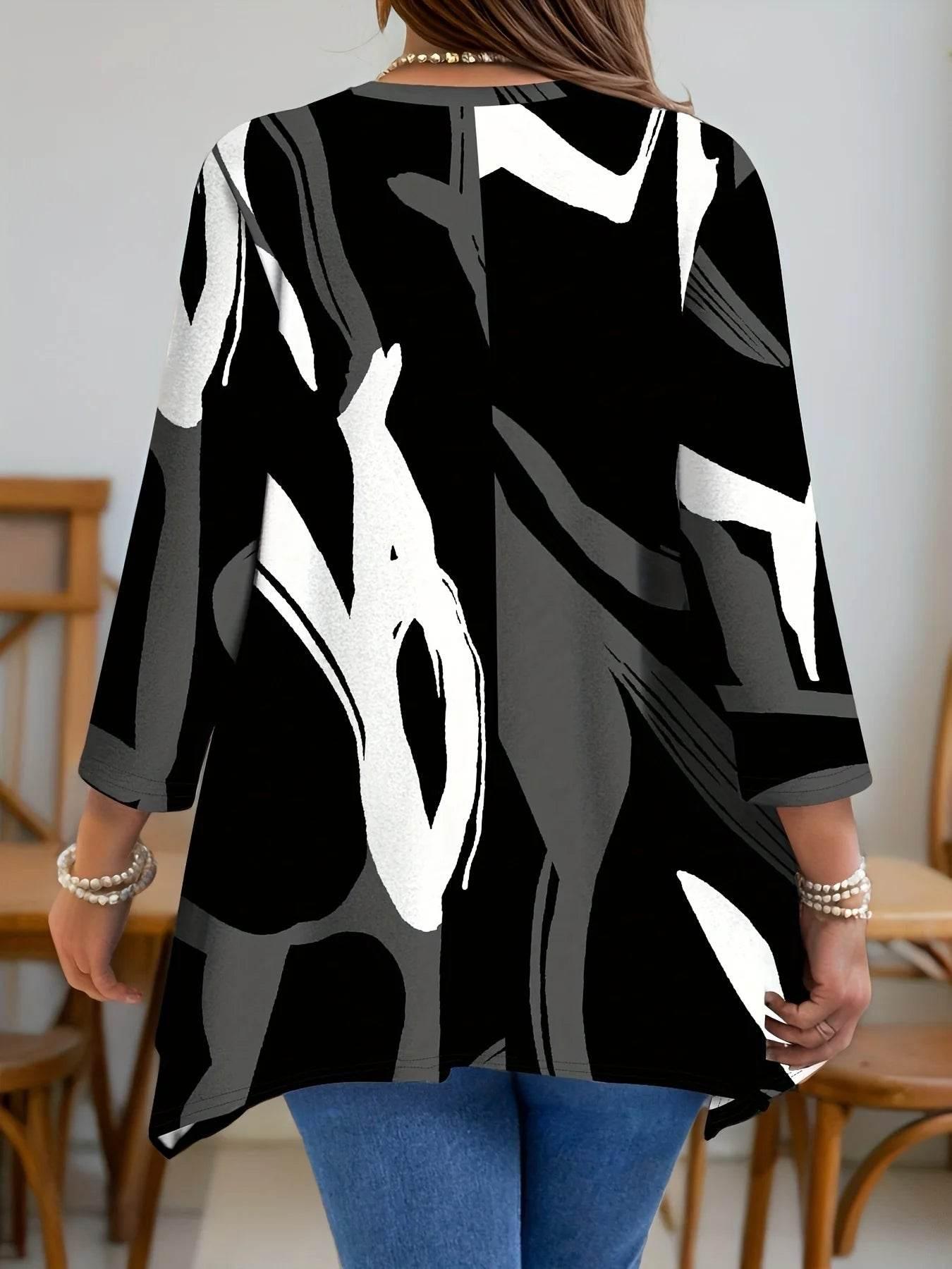 Plus Size Long Sleeve Abstract Print Tunic Top for Women with Asymmetrical Hemline - Empire P.E