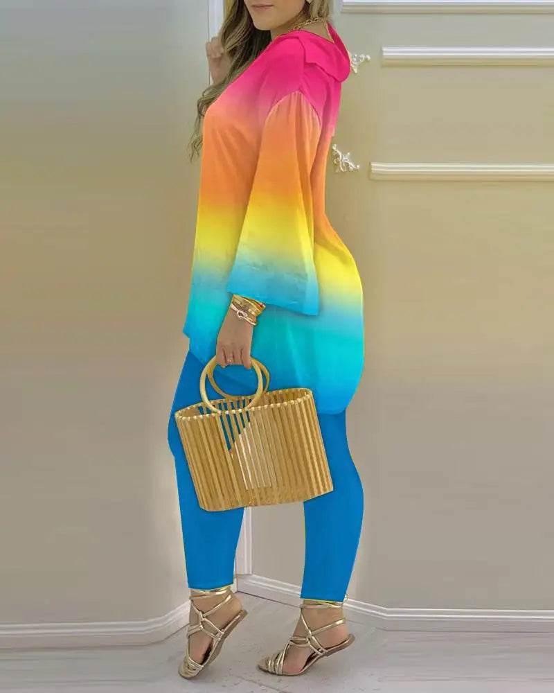 Women Print V Neck Tops Pant Sets Full Sleeve Pullover Two Piece Suit Elastic Waist Trousers Splice Shirts Autumn Regular Fit - Empire P.E