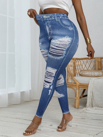 Plus Size Women's Tight Leggings Imitation Denim Print Ripped Pattern - Empire P.E