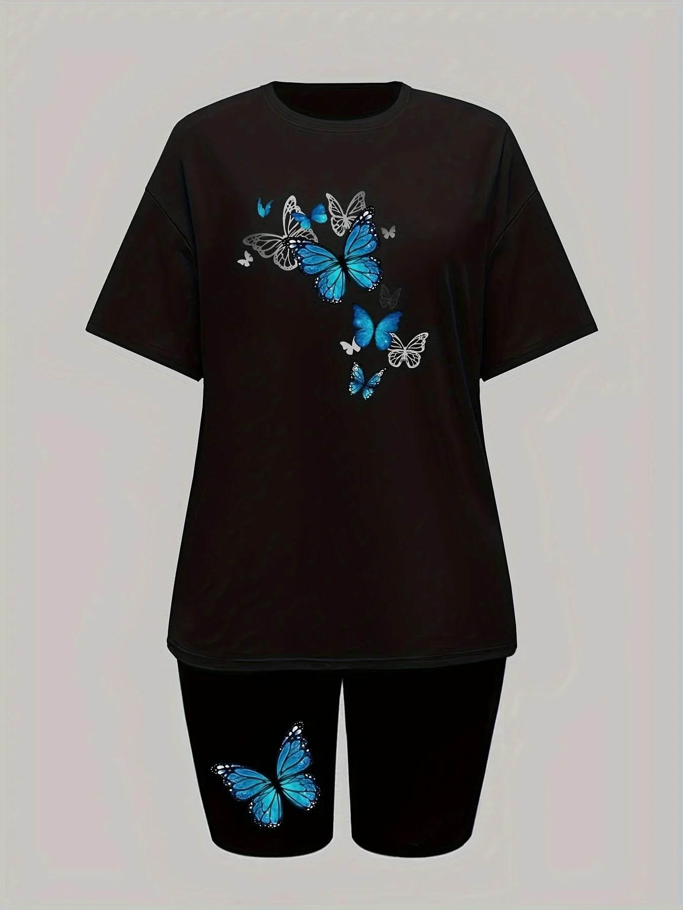 Conjuntos Para Mujeres 2 Piezas Women's Butterfly Printed Two-piece Set, Short Sleeved T-shirt, Round Neck, Shorts, Summer - Empire P.E