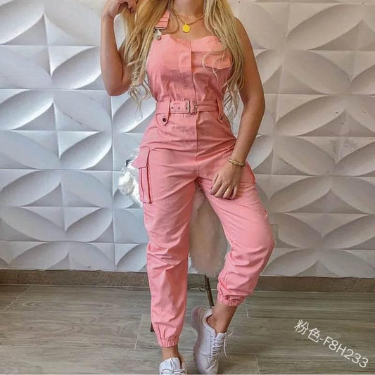 Autumn Women's Clothing Bodysuit Jumpsuit 2023 Simple Zipper Cargo High Waisted Conjoined Body Pants Sleeveless Strap Trousers - Empire P.E
