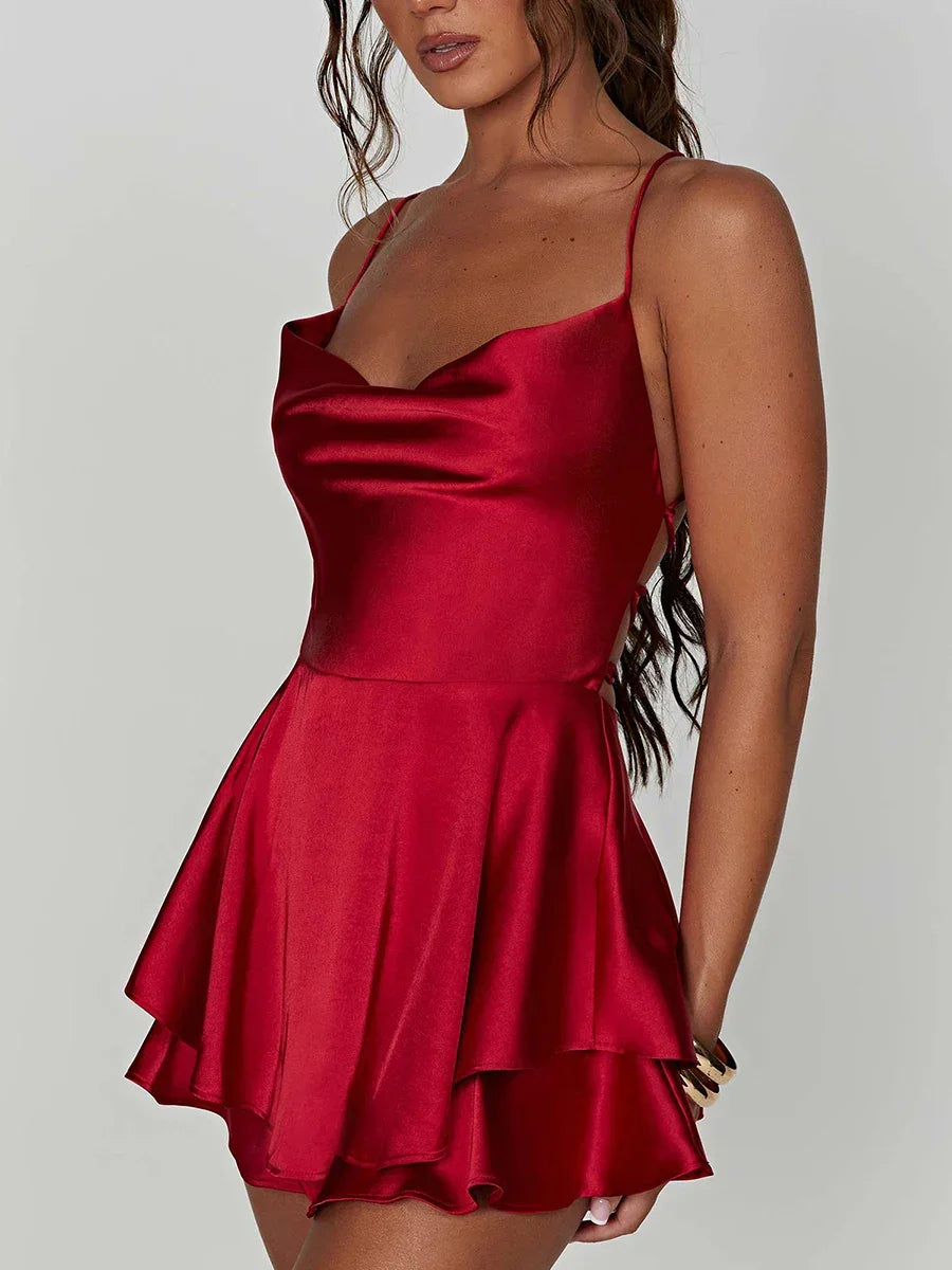 Satin Silk Women Sexy Cami Playsuits Dress Solid Cowl Neck Sleeveless Short Jumpsuits Summer Cross Tie-Up Backless Romper - Empire P.E