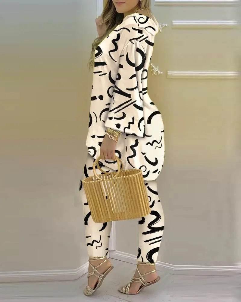Women Print V Neck Tops Pant Sets Full Sleeve Pullover Two Piece Suit Elastic Waist Trousers Splice Shirts Autumn Regular Fit - Empire P.E