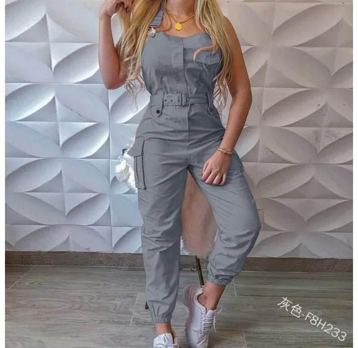 Autumn Women's Clothing Bodysuit Jumpsuit 2023 Simple Zipper Cargo High Waisted Conjoined Body Pants Sleeveless Strap Trousers - Empire P.E