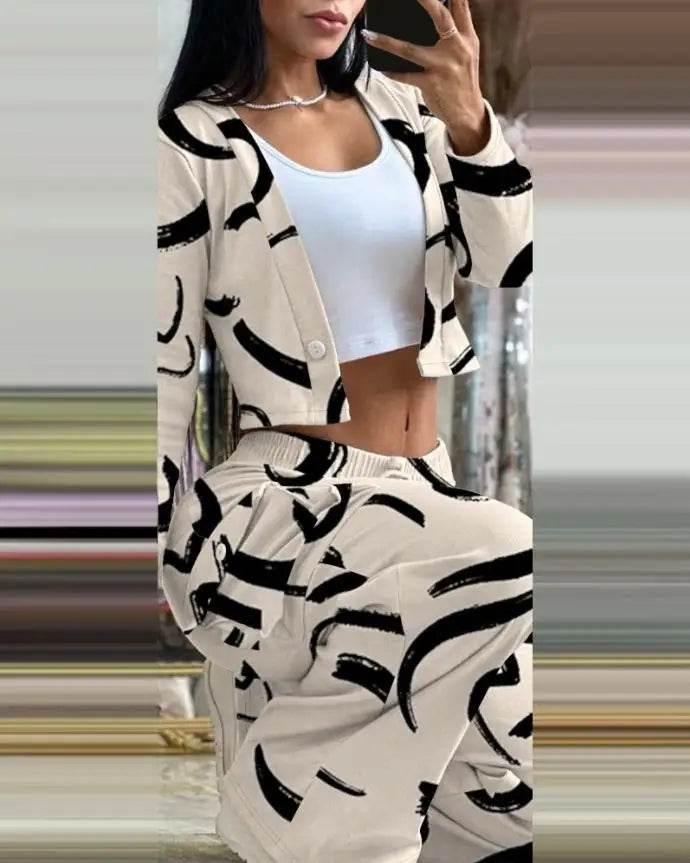 Spring Autumn Solid Slim Suit Women Long Sleeve Single Button V-neck Short Coat Drawstring Mid Waist Pocket Wide-Leg Pants Suit - Empire P.E