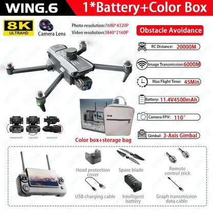 2025 new Wing 6 drone professional aerial photography HD 8K With Screen Remote Control Aircraft 20 Kilometer Obstacle Avoidance - Empire P.E