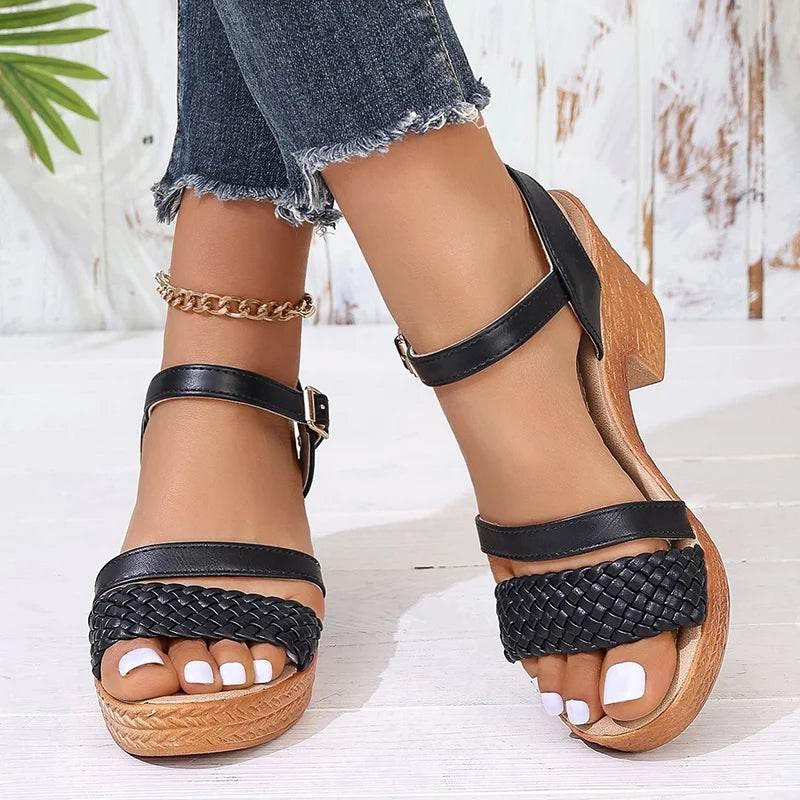 Lucyever Braided High Heels Sandals Women 2025 Summer Pu Leather Platform Gladiator Shoes Woman Ankle Buckle Thick Heel Sandles - Empire P.E