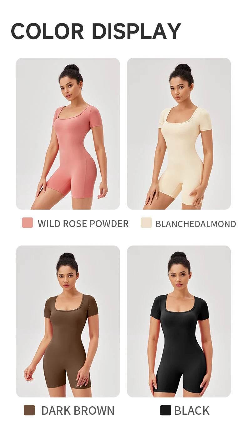 Fashion Women Yoga Suit Short Sleeve Gym Sports Jumpsuit Solid Color Workout Yoga Bodysuit Square Neck Yoga Set Sportswear - Empire P.E