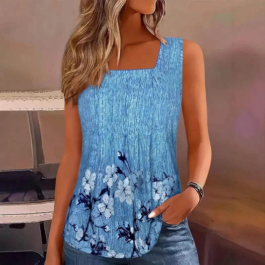 Plus Size Women's Summer T Shirts Casual Tank Sexy Vacation Print Shirts Women Beach Sleeveless Vest Fashion Pleated Tops 5XL - Empire P.E