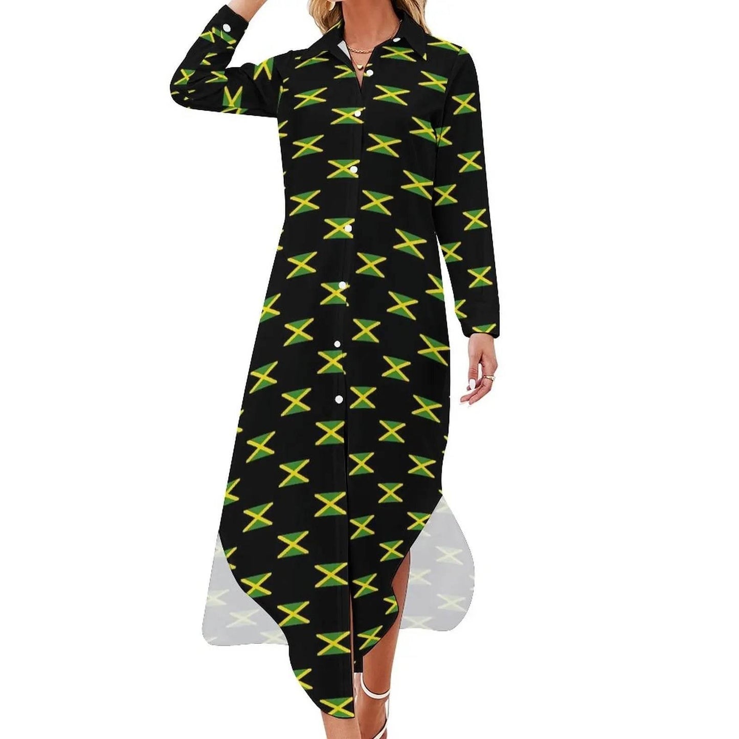 Patriotic Jamaica Flag Chiffon Dress Sexy V Neck Green Yellow Pretty Dresses Ladies Street Wear Casual Dress Gift - Empire P.E