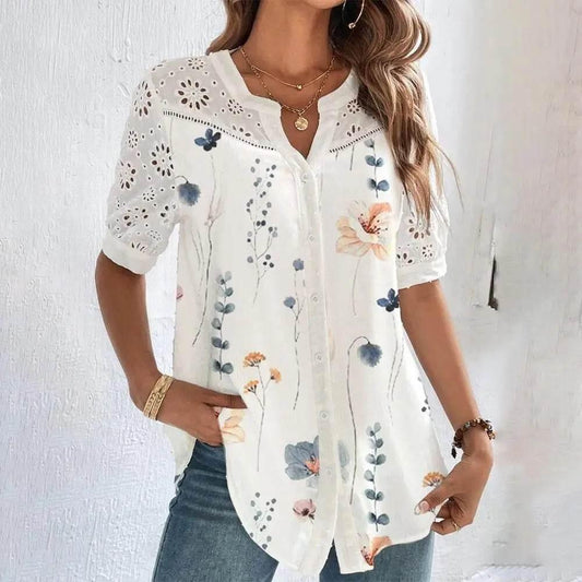 Temperament Casual Lace Woman Shirt Fashion Loose Shirt Woman Elegant Short Sleeve Blouse Holiday Weekend - Empire P.E