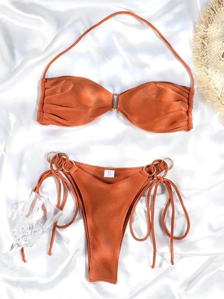 Solid Color Bikinis Push Up Swimwear Women Halter Bikini Set - Empire P.E