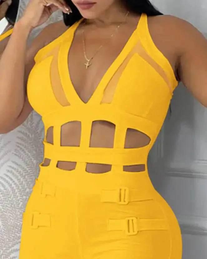 Women's jumpsuit 2025 summer new sleeveless new fashionable hollow camisole buckle comparison mesh tight jumpsuit - Empire P.E