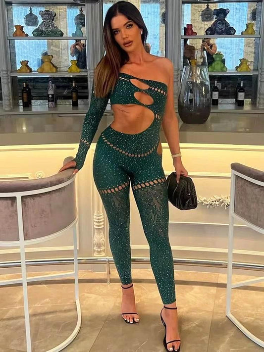 Sibybo Sexy Single Rotator Cuff Hollow Out High Elastic Jumpsuit Luminous Rhinestones Solid Color Trousers Spicy Girl Streetwear - Empire P.E