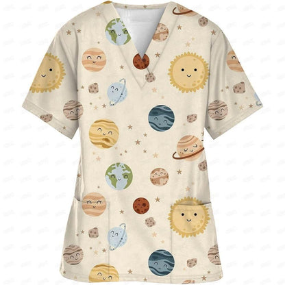 Women Easter Day Nurse Uniform Cartoon Print Short Sleeve V Neck - Empire P.E