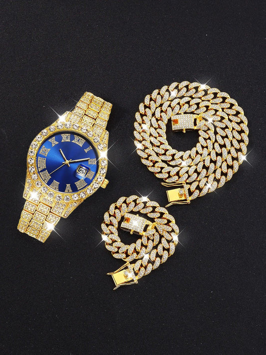 3PCS luxury alloy full diamond rhinestone mirror men's quartz watch with calendar and Hip Hop Cuban Necklace bracelet set - Empire P.E
