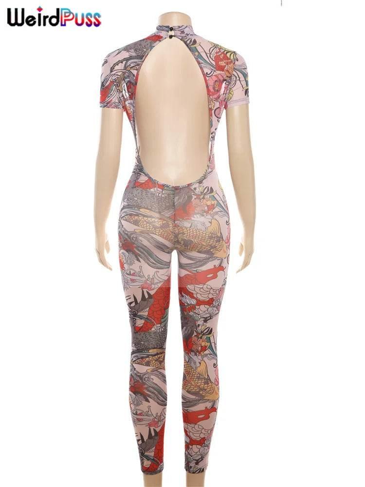 Weird Puss See Through Jumpsuit Women Backless Dragon Print Short Sleeve Fitness Activity Workout Overalls Slim Stretch Clubwear - Empire P.E