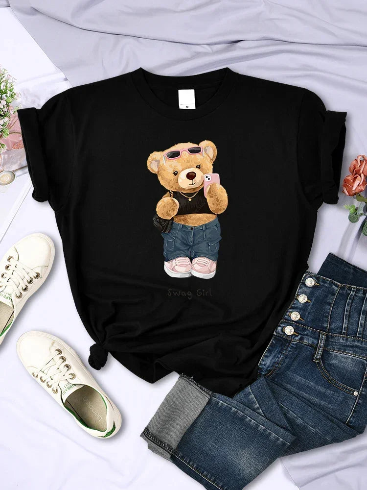 Street Teddy Bear Selfie Swag Girl Funny Printed T-Shirts - Empire P.E