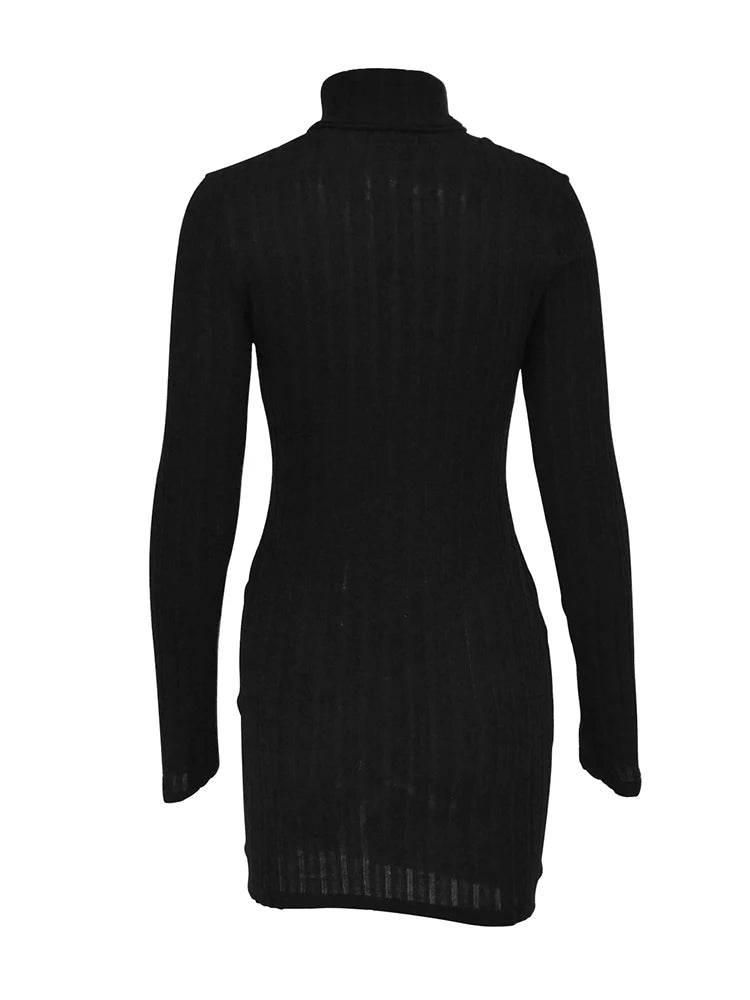 New Sexy Mini Dress For Women Autumn Black Solid Turtleneck Long Sleeves Sheath Dress Club Elegant Bodycon Party Dresses Female - Empire P.E