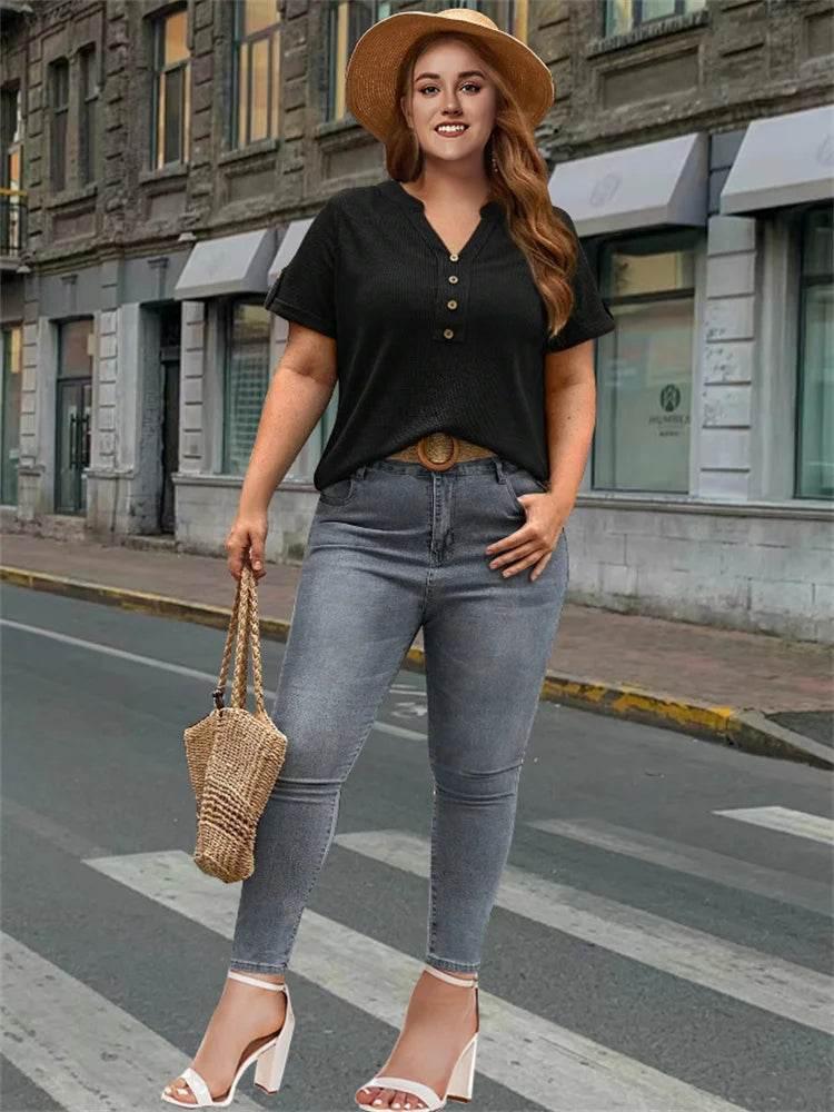 plus sizebutton decorative t-shirt, casual V-neck short-sleeved t-shirt, women's large clothing - Empire P.E