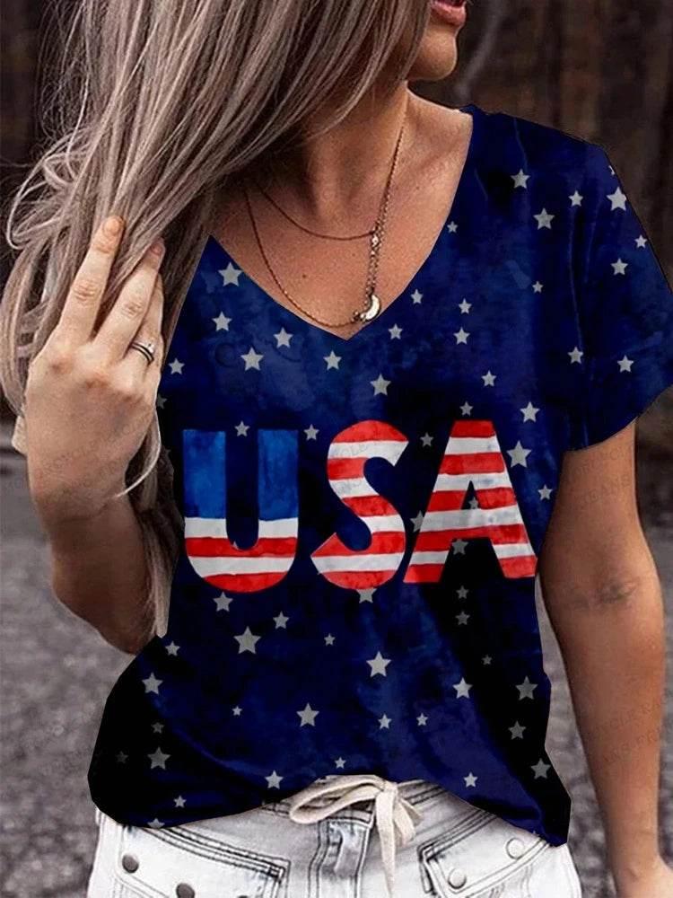 American Flag 3d Print T-shirt Women Fashion V-Neck T-shirts Short Sleeve Tops Tees Loose Casual Tees Vintage Camisetas USA Flag - Empire P.E