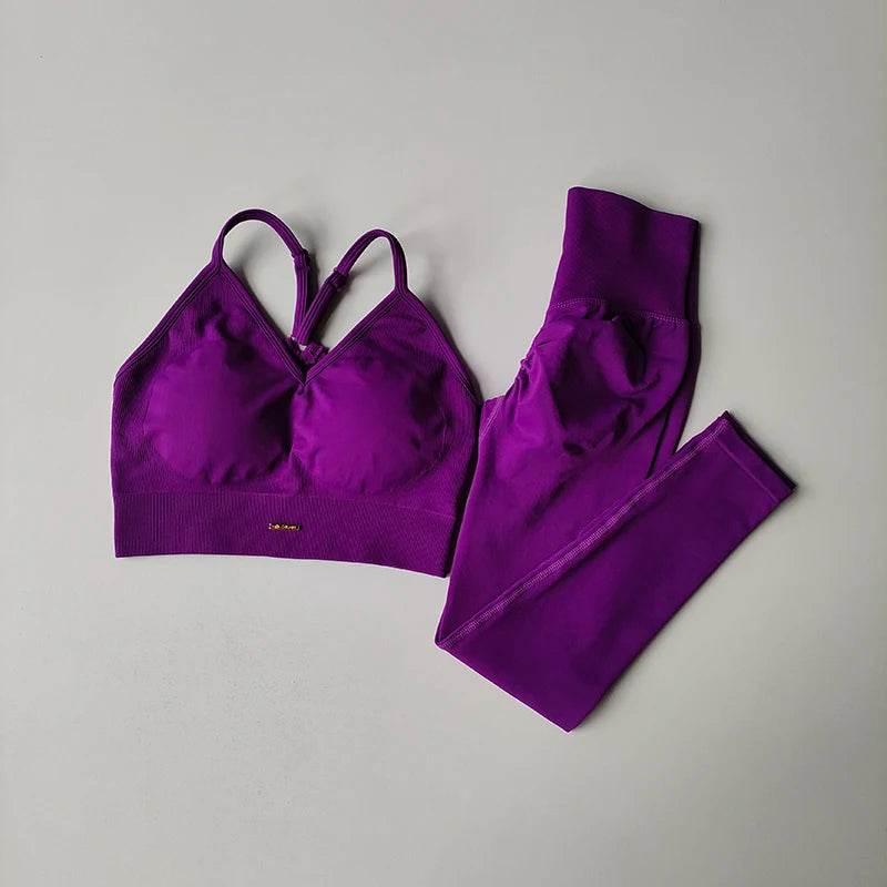 Seamless Hip Lifting Fitness Set Women's V-neck Bra Leggings Yoga Set Quick Drying Exercise Iron Massage High Fat Tight Pants - Empire P.E