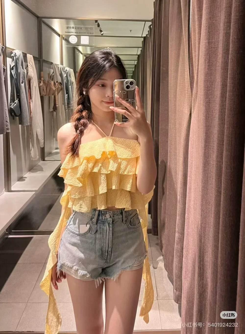 Textured halter crop top with ruffles Women's short yellow sleeveless top with sexy streamers for summer 2024 traf - Empire P.E