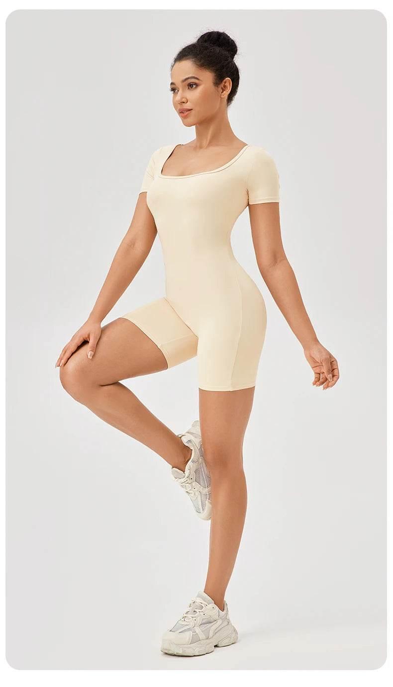 Fashion Women Yoga Suit Short Sleeve Gym Sports Jumpsuit Solid Color Workout Yoga Bodysuit Square Neck Yoga Set Sportswear - Empire P.E