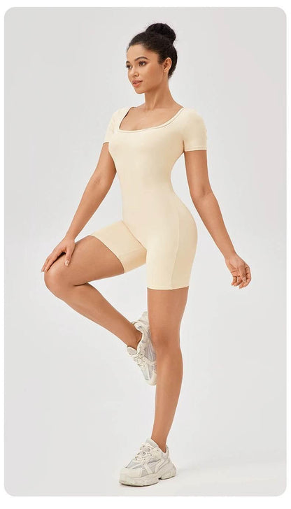 Fashion Women Yoga Suit Short Sleeve Gym Sports Jumpsuit Solid Color Workout Yoga Bodysuit Square Neck Yoga Set Sportswear - Empire P.E
