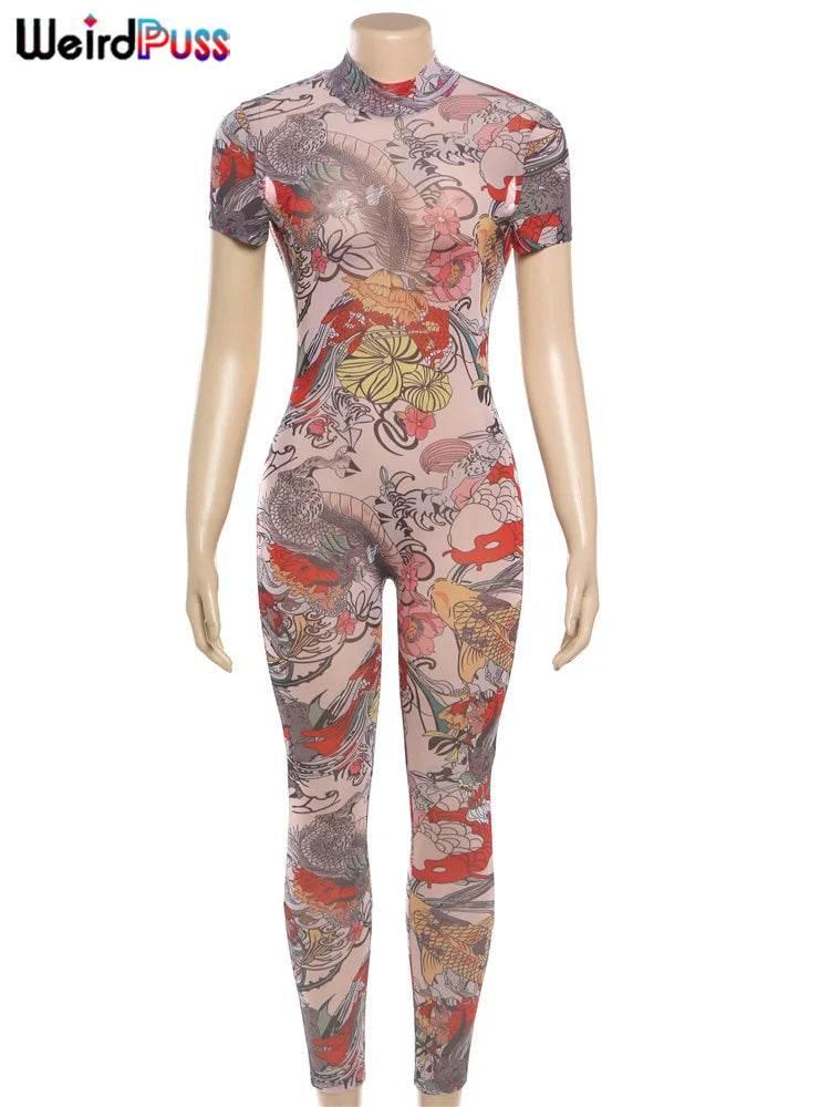 Weird Puss See Through Jumpsuit Women Backless Dragon Print Short Sleeve Fitness Activity Workout Overalls Slim Stretch Clubwear - Empire P.E