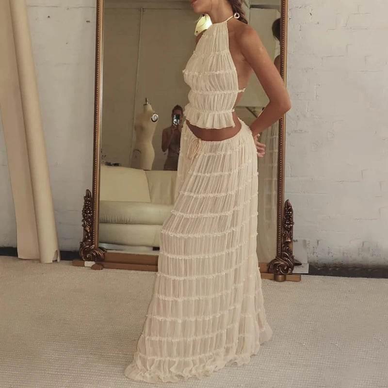 Women Boho Sexy Backless Matching Suit 2 Piece Beach Holiday Outfits Vintage Ruched Halter Cami Tops + Maxi Long Skirt Party - Empire P.E