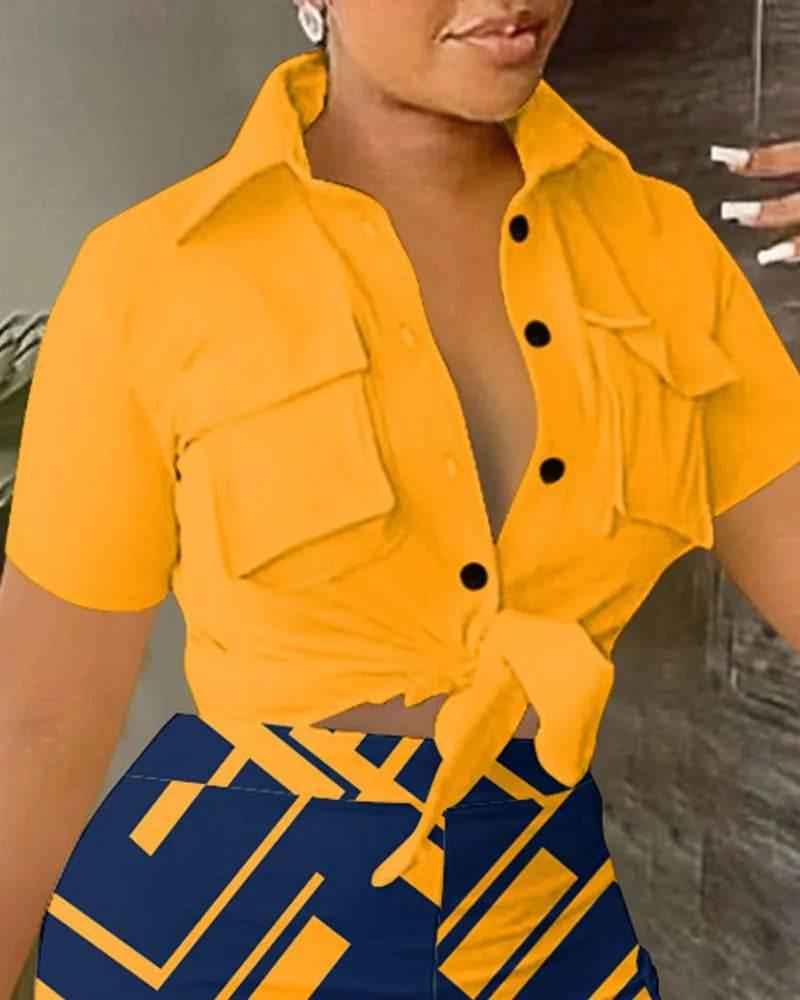 Pant Sets Women Printed Short Sleeved Shirt, 2-piece Suit With Pockets, Shoelace Top, Shorts, Thin Handbag, Summer - Empire P.E