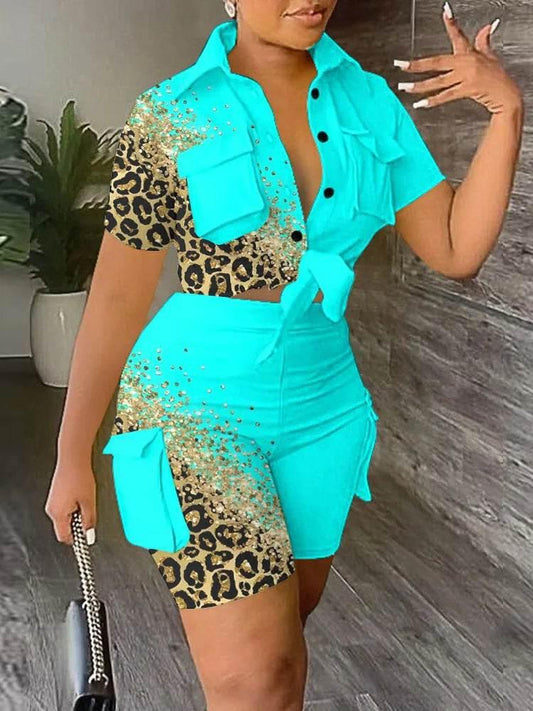 Pant Sets Women Printed Short Sleeved Shirt, 2-piece Suit With Pockets, Shoelace Top, Shorts, Thin Handbag, Summer - Empire P.E