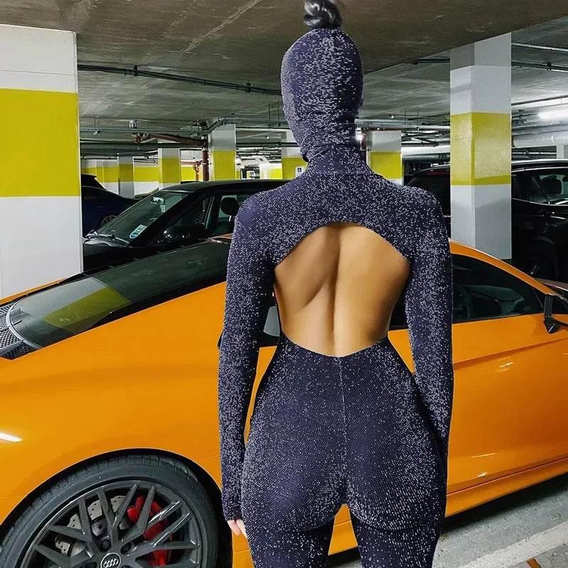 Sequins Silk Jumpsuits With Headwear 2024 Autumn Women Sexy Turtleneck Backless Long Sleeve Skinny Overalls Party Club Rompers - Empire P.E
