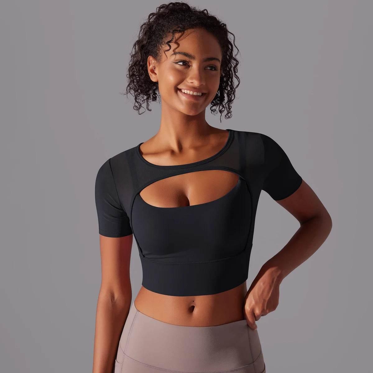 Solid Color Yoga Short Sleeve Sexy Double Layer Yoga Tank Top Spliced Mesh Yoga Clothing Top Fitness Running Sports Bra Women - Empire P.E